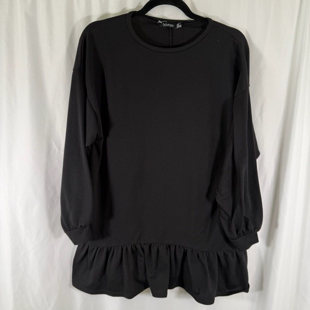 Boohoo Tunic Blouse Women's 8 Black Long Sleeve Ruffle Trim Round Neck